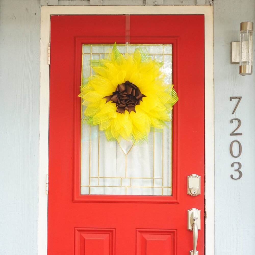 Yellow Sunflower Deco Mesh Wreath with Green Leaves and Brown Ribbon Center